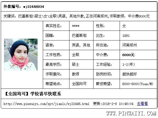 巴基斯坦\碩士\女\全職\英語