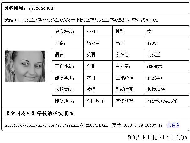 烏克蘭\本科\女\全職\英語外教